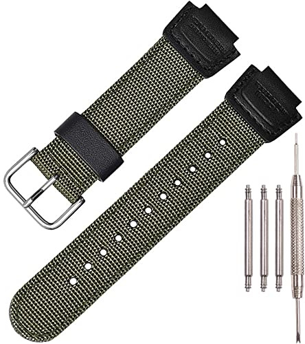 Nylon Leather Watch Strap Compatible with Casio 16mm Series DW5900 5600 6900 MCW100 AWGM100 GA100 110 GLS-100 Men's Watch Replacement Band (Armygreen Silver Buckle)