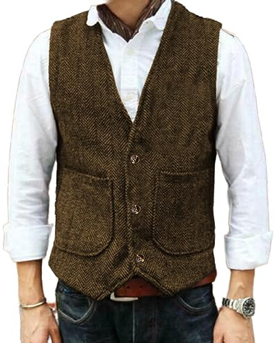 Yiaisafa Abiti casual Tweed Gilet da uomo a spina di pesce Gilet Retro Vintage Lana Caccia Matrimonio Groomsman Tasche