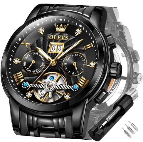 OLEVS Schwarz Automatikuhren für Herren Tourbillon Automatik Mechanik Luxus-Kleid Edelstahl Armband Leuchtend wasserdicht Herren-Armbanduhr