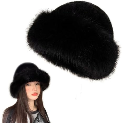 Lopsity Women's Faux Fur Winter Bucket Hat Fluffy Warm Hat Fuzzy Bucket Hat Winter Wrap Hat (US, Alpha, Large, Black)