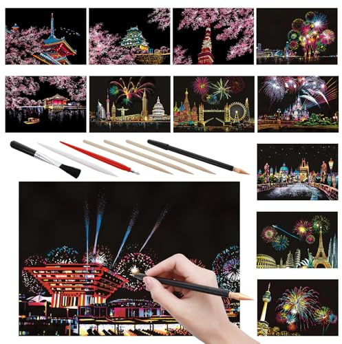 12 Pcs Scratch Art Paper Rainbow Scratch Paper with Scratching Tools Kit City Series Night View Scratch Art for Adults(A5 Size)