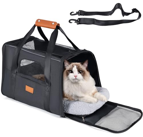 Transportin Perros y Gatos. Bolsa de Transporte Viaje Transpirable Mascotas. Bolso con colchón. Tres Puertas. Medidas 12x44x24cm. Aprobado por Las aerolíneas. Paseos, avión, Coche, Tren, Ciudad.