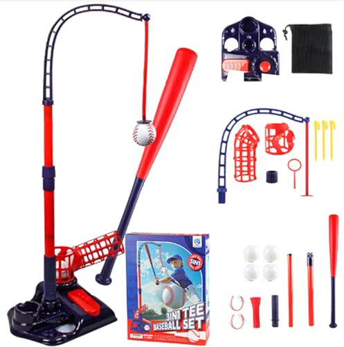 Pesoncarl Tee Ball Set, 3-en-1 Tee Tee Popper Set avec Machine à Lancer, frappeurs réglables, Batte de Baseball rétractable ＆ 4 balles, Popper pour Les Cadeaux pour Enfants, Jouets