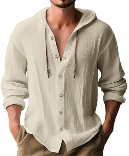 WINKEEY Camicia Lino Uomo Maniche Lunga con Cappuccio Camicie con Bottoni Tinta Unita Elegante Casual,Cachi 3XL