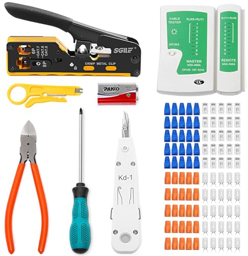 SGILE Crimpwerkzeug-Set RJ45, Werkzeug Paket für Cat5 Cat6 Cat7, Durchgangs-Abisolier und Schneidwerkzeug, Ethernet-Kabel-Wartungssets, Kabeltester, Cat5/6/7, 25 Stecker, für Computer-LAN-Kabel