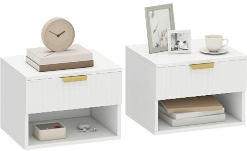 HOMCOM Floating Nightstands Set of 2, Modern Wall Mounted Bedside Tables with Fluted Drawer and Open Shelf for Bedroom, White