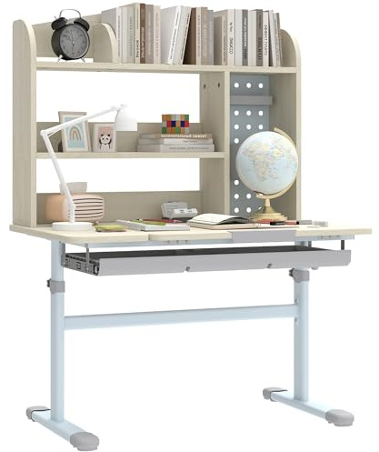 AIYAPLAY Kids Desk, Height Adjustable Children Study Table with Tilt-Desktop, Hutch, Drawer, Storage Shelf, Pegboard, for Reading, Drawing, Studying, Crafting, for 3-12 Years, Natural