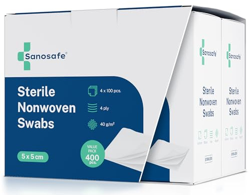 Sanosafe 400 pezzi Garze Sterili 5x5 cm | Garza in tessuto non tessuto per medicazione | Morbide, assorbenti e senza pelucchi