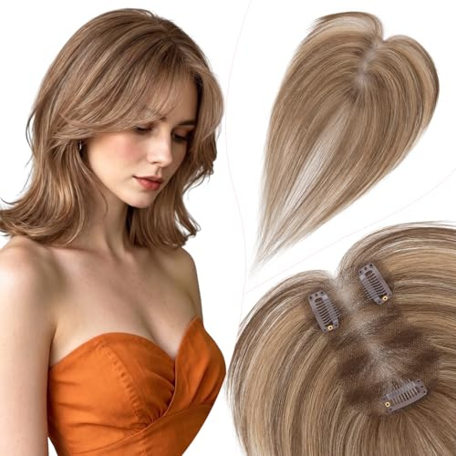 Elailite Hair Topper Donna Capelli Veri Clip 14g 28cm Protesi Toupee Posticci Toupet Silk Lace 7x11cm 4P27 Marrone Cioccolato/Biondo Scuro