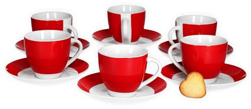 Van Well Vario 6er Set Kaffeetasse mit Untertasse I weißes Porzellan-Set Rot gefärbt I Kaffee-Service spülmaschinengeeignet & mikrowellengeeignet I Tasse 200ml + Unterteller 14,5cm