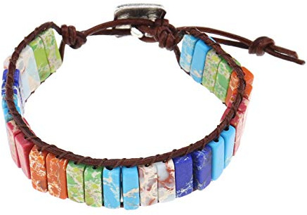 OTOTEC Pulsera de chakras de 7 colores hecha a mano con cuentas de piedra natural de chakra, cuerda de cuero auténtico, hecha a mano, 23 cm, longitud total de una sola capa, Piedra Metal
