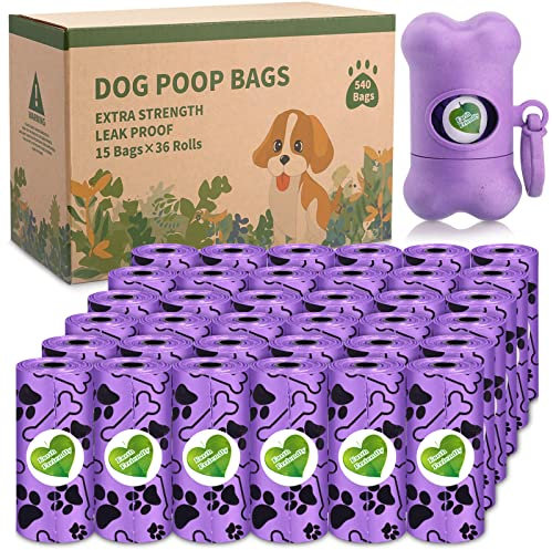 McNory Hundekotbeutel-36 Rollen (540 Tüten) 1 Spender, Kotbeutel Biologisch aus Maisstärkebiologisch,tropfsichere Hundetüten,Dog Poo Bags,Lila
