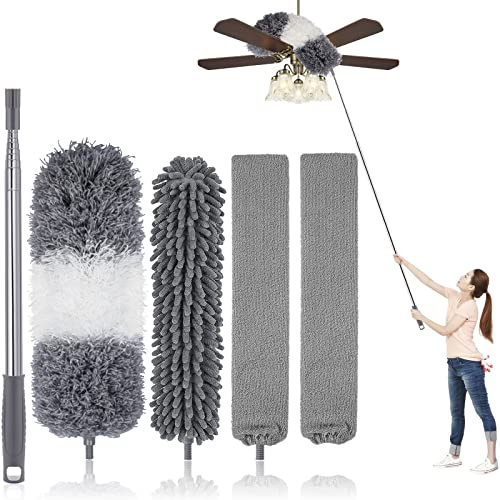UIMO Microfiber Feather Duster Kit with Extension Pole (30–100) – Bendable Washable Heads, Extendable Dusters for Cleaning Ceiling Fan, High Ceiling, Blinds, Furniture & Cars (5 Pcs)