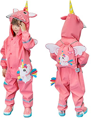 Fewlby Kids Puddle Suit All in One Waterproof Overalls Rainsuit Boys Girls Muddy Suit Hooded Raincoat Rainwear Cartoon Romper 6-8 years XL Size