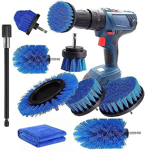 YIHATA Cepillo para Taladro 9 Piezas Eléctrico Cepillos Taladro Multifuncionales, Coche Limpieza Kit para Limpiar Paredes, Baño, Cocina, Tapiceria Coche, Piso Azulejo, Esquinas, Terraza (Azul)