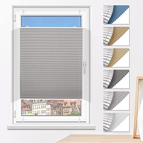 Plissee Verdunklung ohne Bohren Verdunklungsplissee Klemmfix Hellgrau 75x110cm(BxH) Faltrollo 100% Blickdicht Sonnenschutz & Schallschutz Plisseerollo für Fenster & Tür