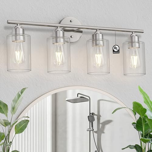 Espird Bathroom Vanity Light Fixtures Brushed Nickel,4 Lights Rustic Farmhouse Vanity Bar Lighting Over Mirror Modern Industrial Wall Sconces Lamp with Cylinder Glass Shade