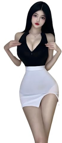 SINMIUANIME Ensemble de lingerie sexy pour femme - Pour le bureau, le secrétaire - Uniforme coquine - Costume d'enseignant - Jupe courte avec chaussettes (8039 noir et blanc)