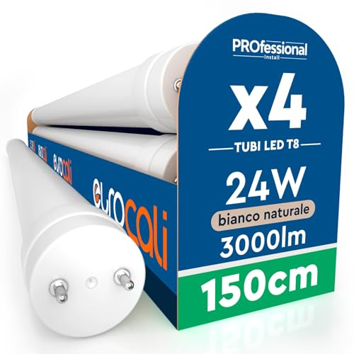 4 Tubi LED 24W 150cm T8 G13 SMD con Starter 3000 Lumen Garanzia 3 Anni - Luce Naturale 4000K - Alta Luminosità 125 lm/W - Sostituzione Neon per Soffitto Garage e Negozio in Materiale Nano Plastic