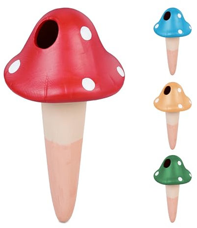 Relaxdays 4 Picos de Riego con Diseño de Setas, 110 ml c/u, Autorriego para Plantas de Interior, Regadores, Multicolor, Cerámica