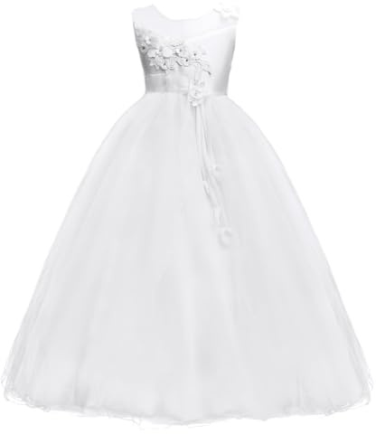 Vestido de niña con flores, elegante, para boda, dama de honor, sin mangas, de encaje y tul, tipo princesa, maxi, para primera comunión, blanco, largo, vestido de flores para niña, c, Height 135-145cm