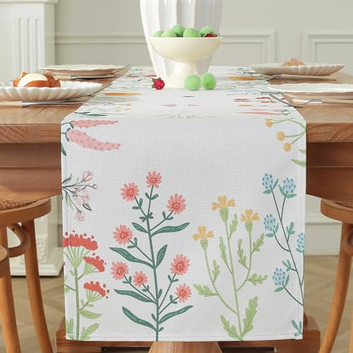 meioro Camino de Mesa de Flores y Plantas de Colores, 30x180cm Traves de Mesa de Temporada, Mantel de Boda Primavera Verano para Decoración de Mesas de Cocina, Comedor, Fiestas y Fiestas