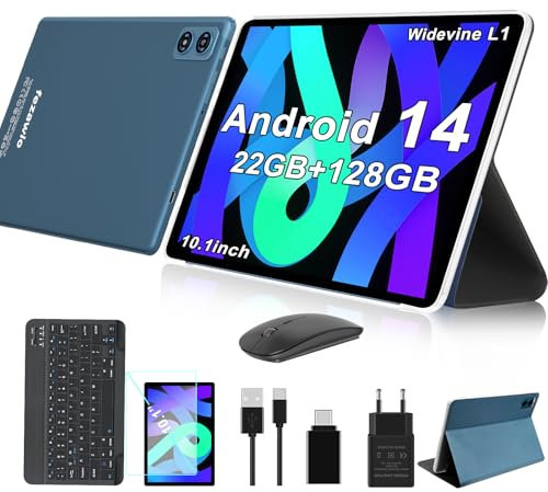fezawio Tablet 10 Pulgadas Tablets Android 14, 22GB Ram+128GB ROM Octa-Core Tablets 5G WiFi, 8000 Mah, (1tb TF) Tablet con Teclado y RatóN- Azul