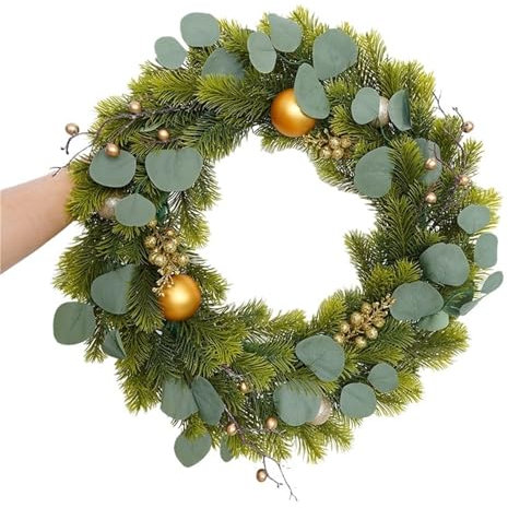 Bola dorada artificial verde planta pino aguja ratán corona ventana decoración Navidad colgar pared