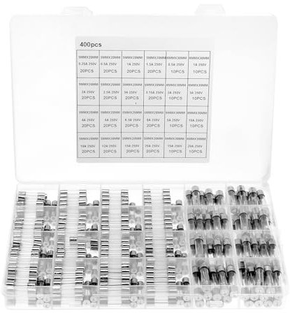 QWORK® 400 Stück 24 Werten Glassicherungssortiment, Feinsicherungen, Schmelzsicherungen, 5 x 20 mm 0,25 A-20 A Glassicherung, Sicherungen, für elektrische Geräte