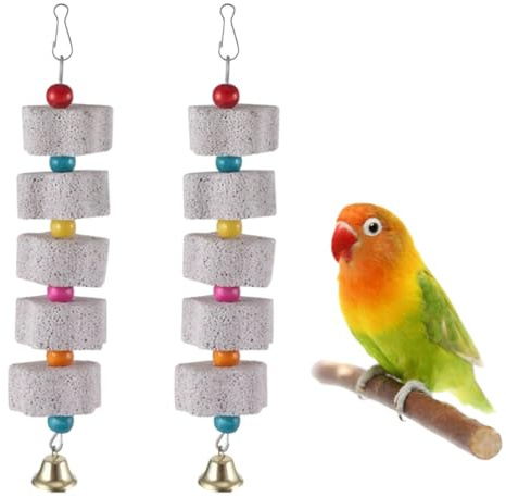 GXGM 2 pièces Jouet à Mâcher pour Oiseaux avec Cloches, Pierre Minérale pour Bec, Jouets à Mâcher en Minéral avec Cloches, pour Perroquets, Amazones, Inséparables, Lovebirds