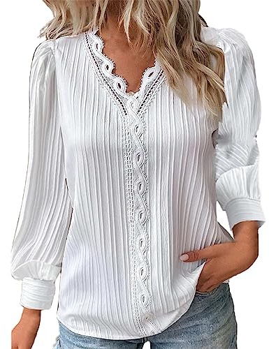 Uwdiohq Hauts pour Femmes Dentelle Patchwork col en V t-Shirts Manches Longues Chemisier lâche décontractés Chaussettes Hautes Tunique Femme Chic et Elegant Vêtement Femme Tunique Manche Longue