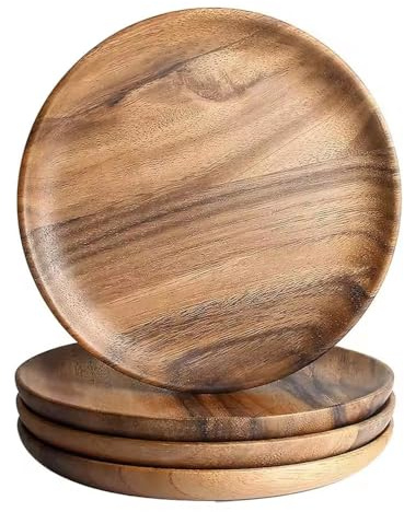 NEWFUN 4 Piatti Rotondi in Legno, Piatti da Snack, 25 CM, Piatto in Legno di Acacia, Decorazione da Tavola, Oggetto Decorativo Fatto a Mano, Regalo di Benvenuto