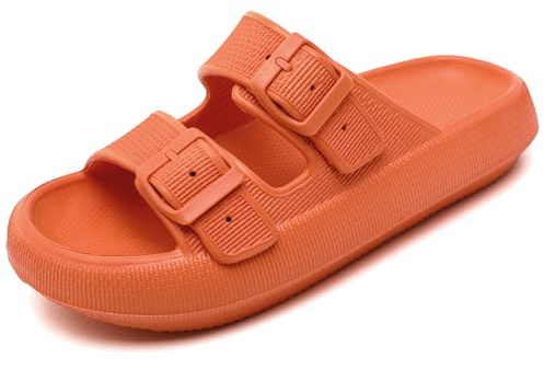 Waysoland Cloud Sliders Women Men Sandals with Adjustable Buckles,Shower Bathroom Non-Slip Quick Drying Open Toe Super Soft Comfy Thick Sole Sandals Indoor Outdoor(Orange,7/8 UK)