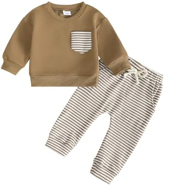 UUAISSO Completi per Neonati Completi con Felpe a Righe a Maniche Lunghe Top e Pantaloni a Nido d'ape Bambino Autunnali marrone 3-6 mesi