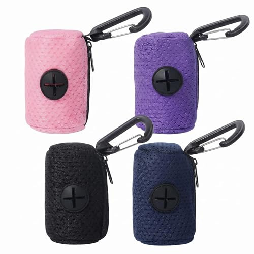 Mtbricey 4PCS Dog Poop Bag Holder with Clip Pet Waste Bag Dispenser in Mesh Fabric, Portable Poop Scoop Carrier for Leash Belt Backpack Dog Walking Hiking (Black Pink Purple Navy)