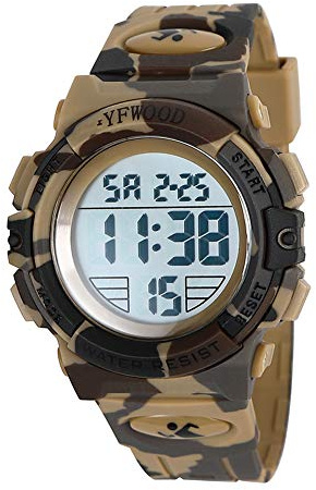 YFWOOD Kids Digital Watch,Waterproof Outdoor Watches, Children Casual Electronic Analog Quartz Wrist Watches with Silicone Band Luminous Alarm Stopwatch for Boys -Camouflage Brown