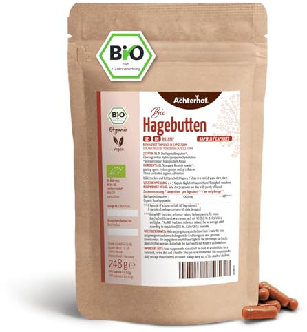 Hagebuttenkapseln Bio Nachfüllpack 400 Stück | feines Hagebuttenpulver in Kapselform | Bio-Qualität | über 66 Tagesdosen | vegane Kapselhülle | vom Achterhof