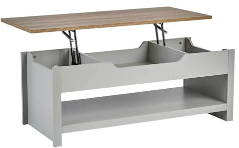 Home Source Lift Up Coffee Occasional Table, Storage Shelf, Oak Effect, Grey