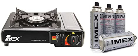 Imex - Hornillo de gas para camping en maletín de transporte con placa de parrilla (hornillo de gas + plancha + 8 cartuchos de gas)