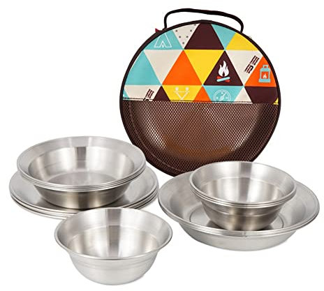 Yurosiay Juego de vajilla de camping de acero inoxidable de 16 piezas, portátil, con bolsa de transporte, para camping, cocina, fiestas, de acero inoxidable