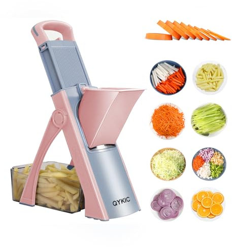 QYKIC Upgrade Safe Mandoline Slicer for Kitchen, Chopper Vegetable Cutter, Potato Slicer Thickness Adjuster, French Fry Cutter, Veggie Dicer Faster Kitchen Mandolin for Meal Prep (Pink)