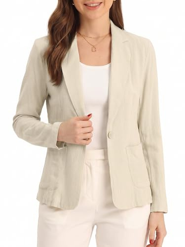 Allegra K Blazer de Lino para Mujer con Solapa de Muesca y un Botón Casual Beige L