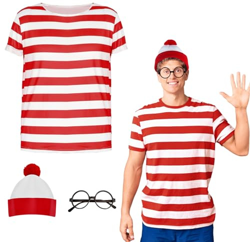 Wally Costume Cosplay Accessories Set with Red and White Striped T-Shirt, Beanie Hat, Black Nerd Glasses Fancy Dress for Adult, Kids World Book Day, Halloween，School Dress up Day