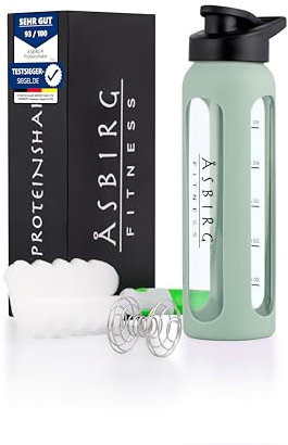 Asbirg Shaker Proteine in Vetro 700 ml – Senza BPA, a Prova di Perdite & Robusto – Shaker per Proteine con Palla Mixer in Vetro Borosilicato – Bottiglia per Frullati e Sport | Verde Pastello