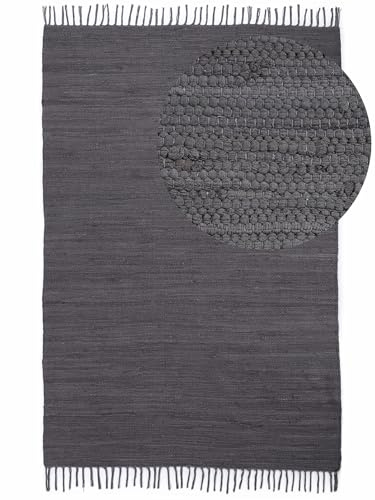 carpetfine Flickenteppich Kelim Chindi Uni Grau 90x160 cm, handgewebt | Fleckerlteppich aus Baumwolle für Wohnzimmermit Fransen