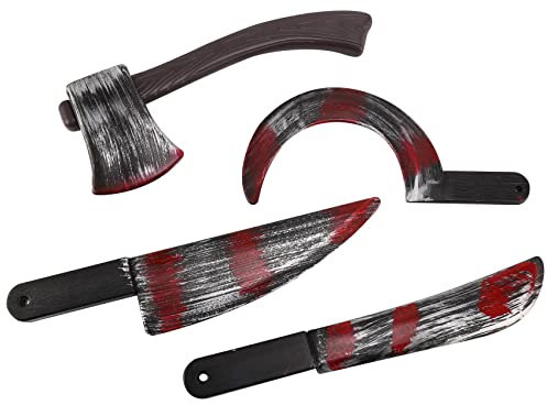 Yuuinnter 4Pc Halloween Plastica Falso Puntelli Sanguinanti Coltello Ascia Affilata Mannaia Falce Gioco di Ruolo Horror Giocattolo Festa di Halloween DIY