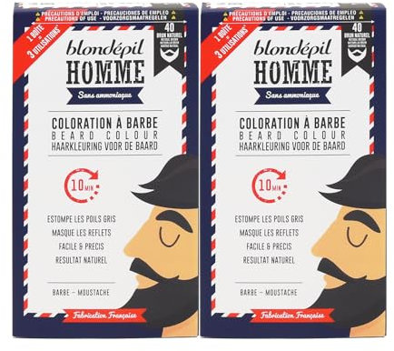 Blondépil Homme - Teinture barbe & moustache brun naturel numéro 40, Coloration sans ammoniaque, Facile et Rapide, Résultat uniforme et naturel, Made in France, Tube de 20ml, 1 flacon 40ml, Lot de 2