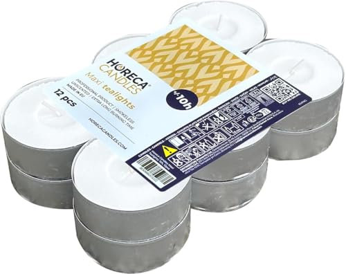 Horeca Candles - Maxi Tealight Candele Bianche - Non profumate - 144 Pezzi - Candeline Grandi 57 x 22 mm - Durata di combustione 10 Ore - Tea Light Cera Antigoccia - 12 x Set di 12 Lumini