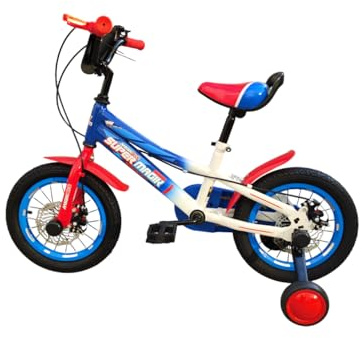 magikbike bicicletta da bambino Supermagik dai 3 anni, misura 14 pollici, movimento centrale a sfera telaio bicolore blu e bianco, freno a disco anteriore e posteriore.