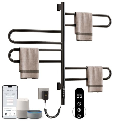 SKYLYZH Toallero Eléctrico, Rotación de 180° Radiador de Baño Eléctrico, 430 x 780mm, 130W, WiFi Negro Calentador de Toallas, Toallero electrico baño, para Alexa y Google Home y APP-G65 WiFi Black